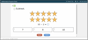 Image of an example of a math problem featuring subtraction and gold stars found within progress checks.